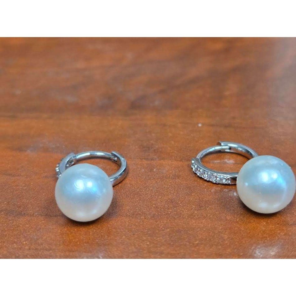 Silver Tone White Pearl Drop Huggie Hoop Earrings